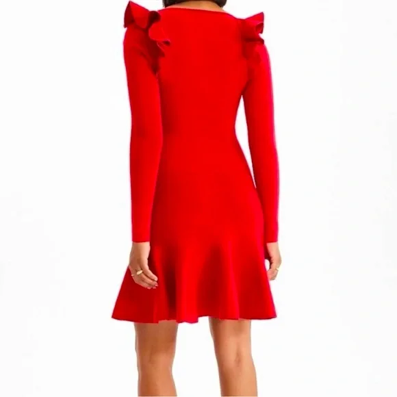 Express | Sweetheart Neck Ruffle Fit and Flare Red Knit Dress Size Large - Picture 2 of 6